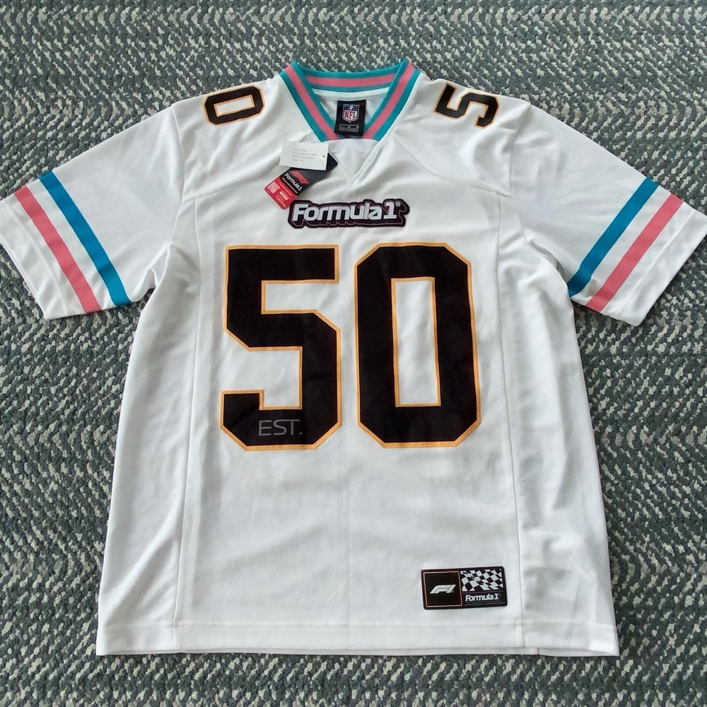 Formula 1 F1 NFL 50 Football Jersey White Miami Racing Rare Stiched Patch NWT